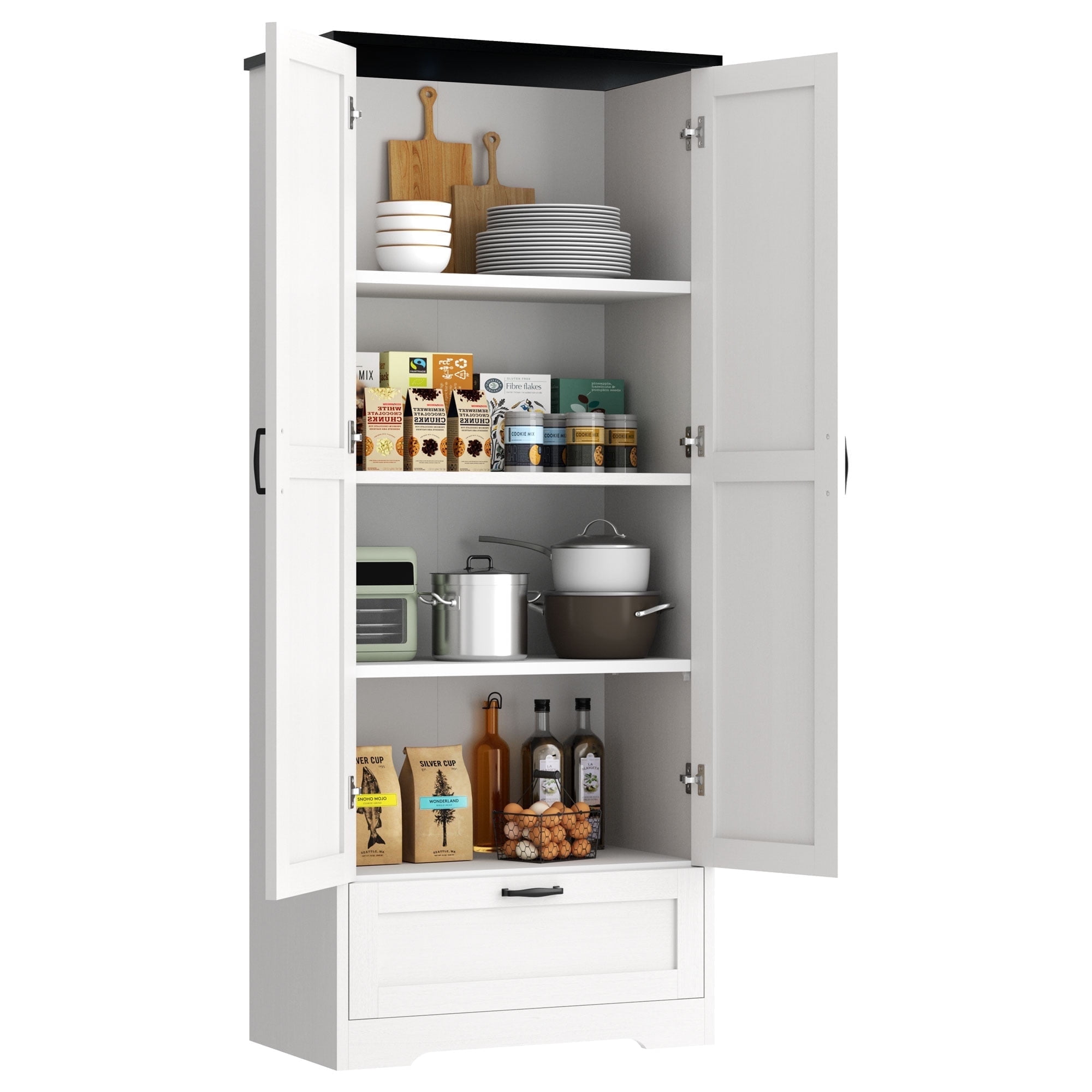 Walsunny 65 Kitchen Pantry Cabinet Freestanding Farmhouse Storage Cabinet with 4 Shelves and 1 Drawer Tall Cupboard White