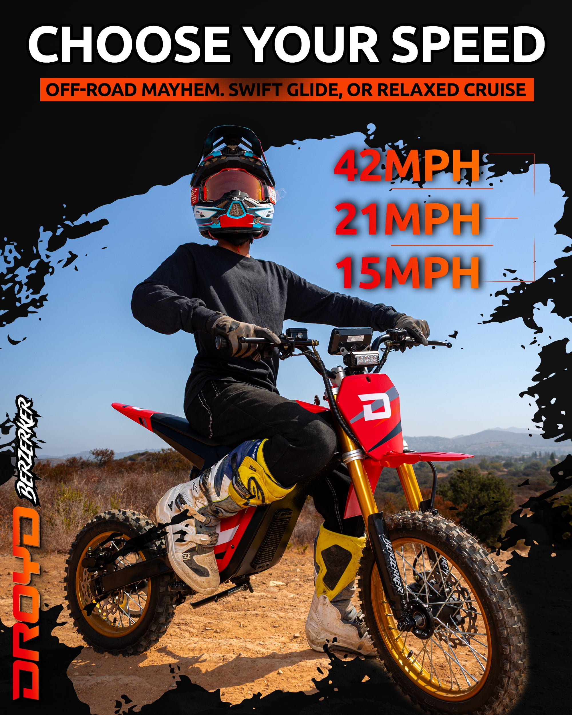 Droyd Berzerker Electric Dirt Bike for Kids 13+, Teens & Adults – 3000W Peak Motor, 48V 30Ah LFP Battery, 42 MPH Max Speed, 50 Mile Range, Hydraulic Brakes, Adjustable Suspension, Off-Road