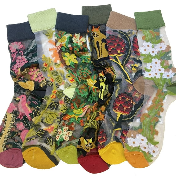 Vintage Sheer Socks,Summer Transparent Flower Ankle Socks,Thin Mesh Lace Elastic Jacquard Glass Silk Socks