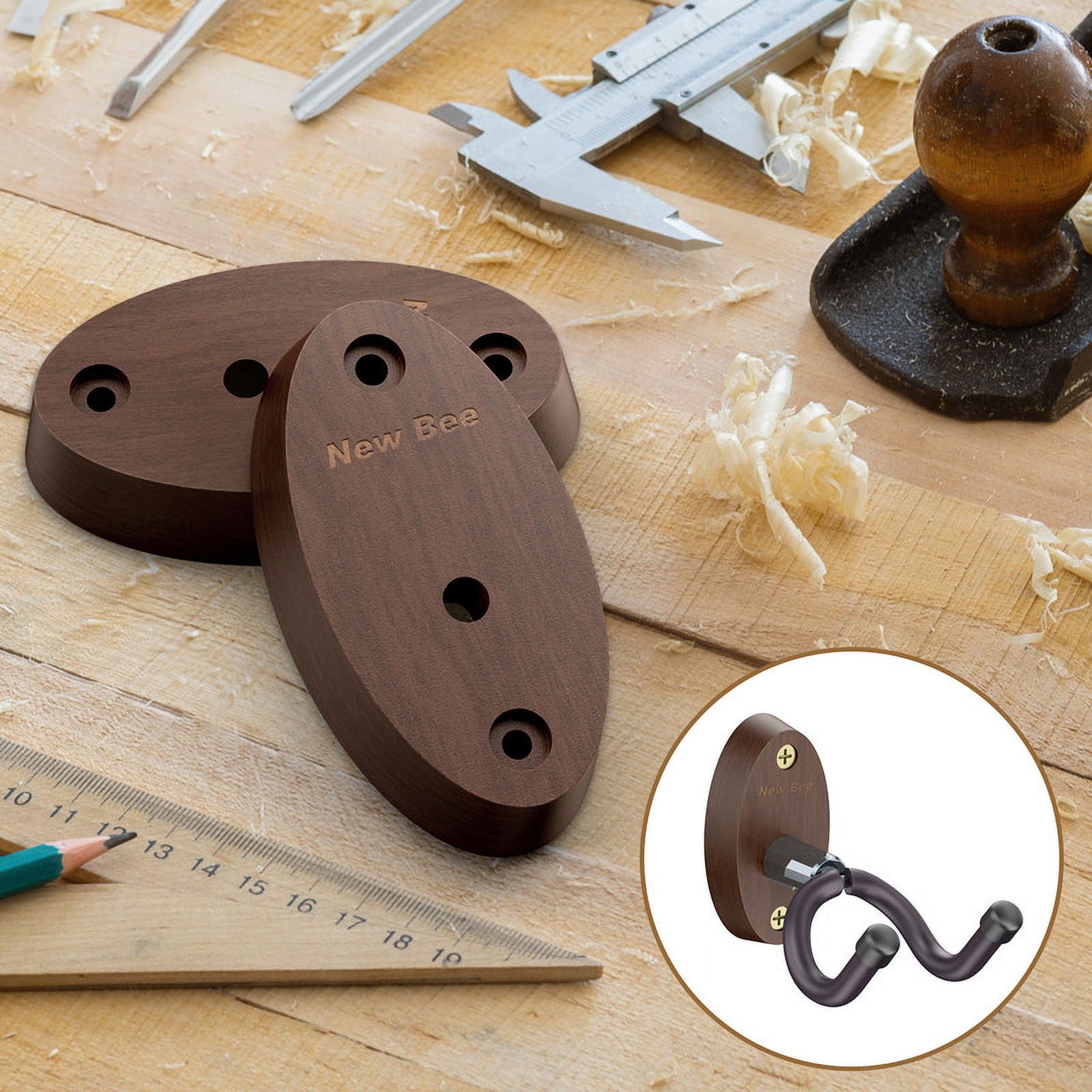 New Bee 2PC Guitar Wall Mount - Sturdy Wood Base & Metal Hook, High Weight Capacity, Anti-Slip V-Shape, Rotatable Adjustable with Soft Rubber - Fits Ukulele/Bass/Mandolin/Banjo (All Sizes)