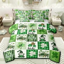 Manfei Lucky Four Leaves Clover 7 Pieces Bedding Comforter Set,Cute Cartoon Gnome Full Bedding Set,St.Patrick Day Checkered Fitted Sheet Flat Sheet For Girls Kids,Microfiber Bedroom Decor Reversible