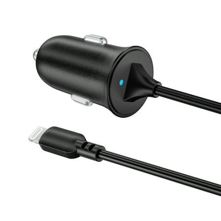 onn 12W Car Charger with 3ft Braided Lightning to USB Cable built-in cable, MFI Certified, Black - Compatible with iPhone 14/13/12/11/X/XR/XS/8/7/6/5, iPad, Airpods and more