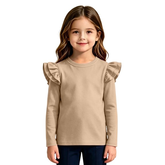 Abcomgle Girls Long Sleeve T Shirts Size 6-7 Casual Solid Color Double Layer Ruffle Sleeve Crewneck T Shirts for Girls Fall Basic Girls Tops Loose Girls Blouses