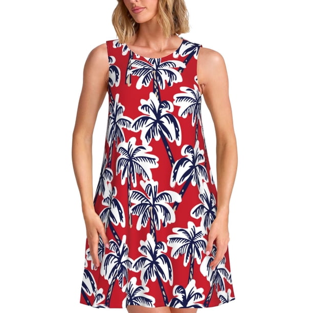 Disketp Palm Tree Pattern on Red para Vestido sin Mangas para Mujeres, Vestidos de Verano para Mujeres, Casual y Holgado para la Playa