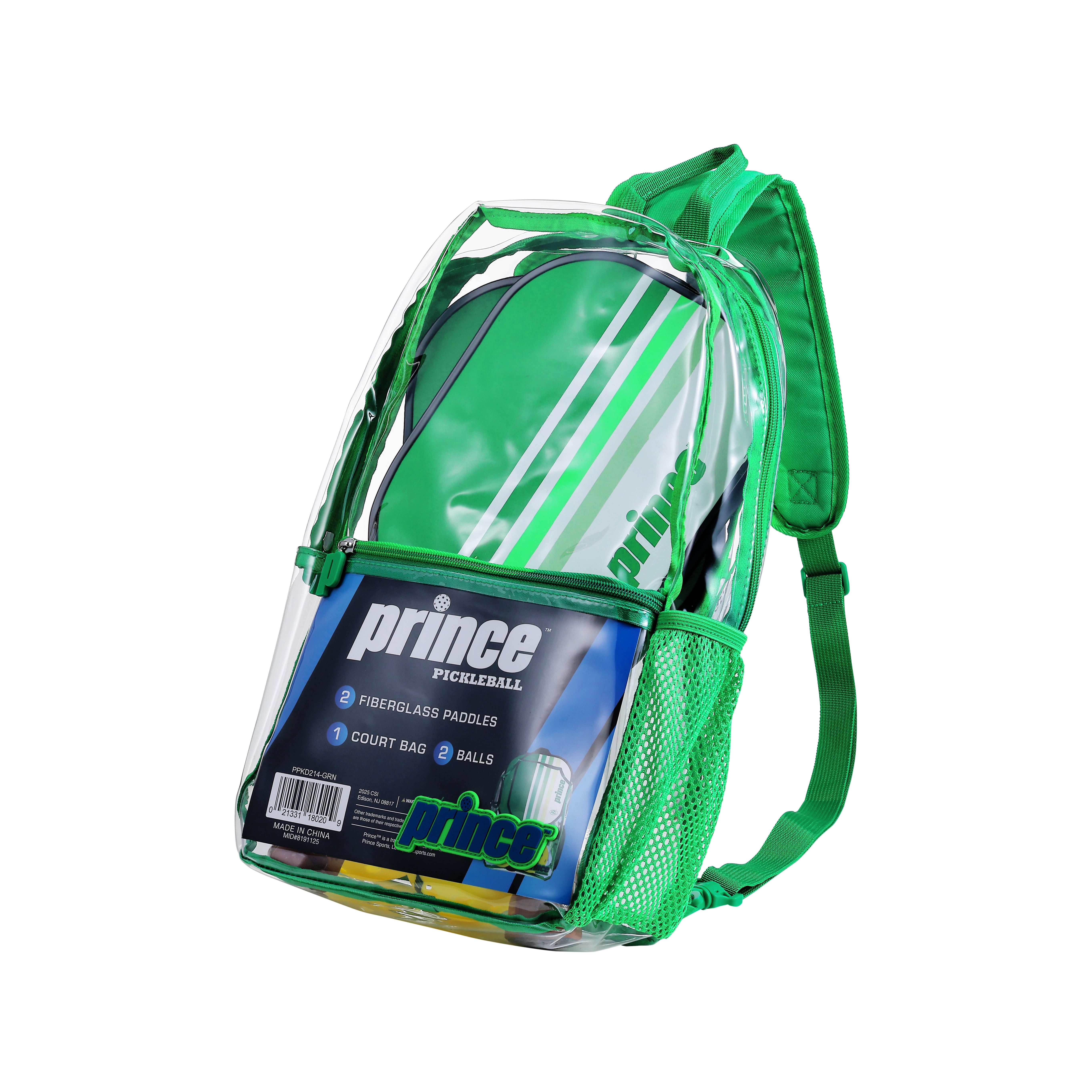 Prince Pickleball 5 Piece Fiberglass Paddle Set with Bonus Clear Backpack, Green Includes 2 Paddles, 2 Outdoor Pickleballs & Carry Bag