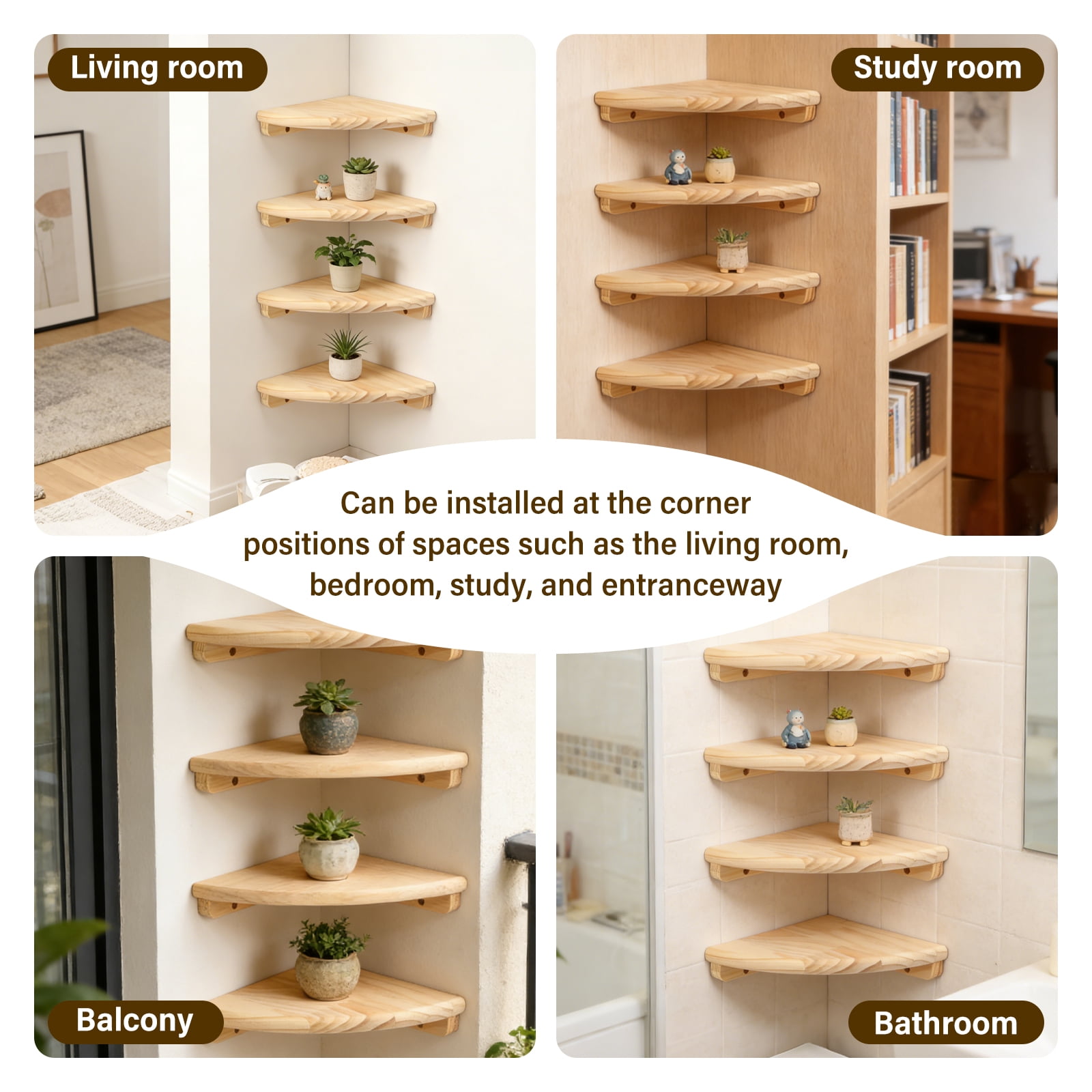 FKSZLL 4Pcs Wall Mounted Corner Shelf 18 cm Wooden Floating Storage Shelf Wall Round End Display Rack with Screw for Home Living Room Bedroom Study