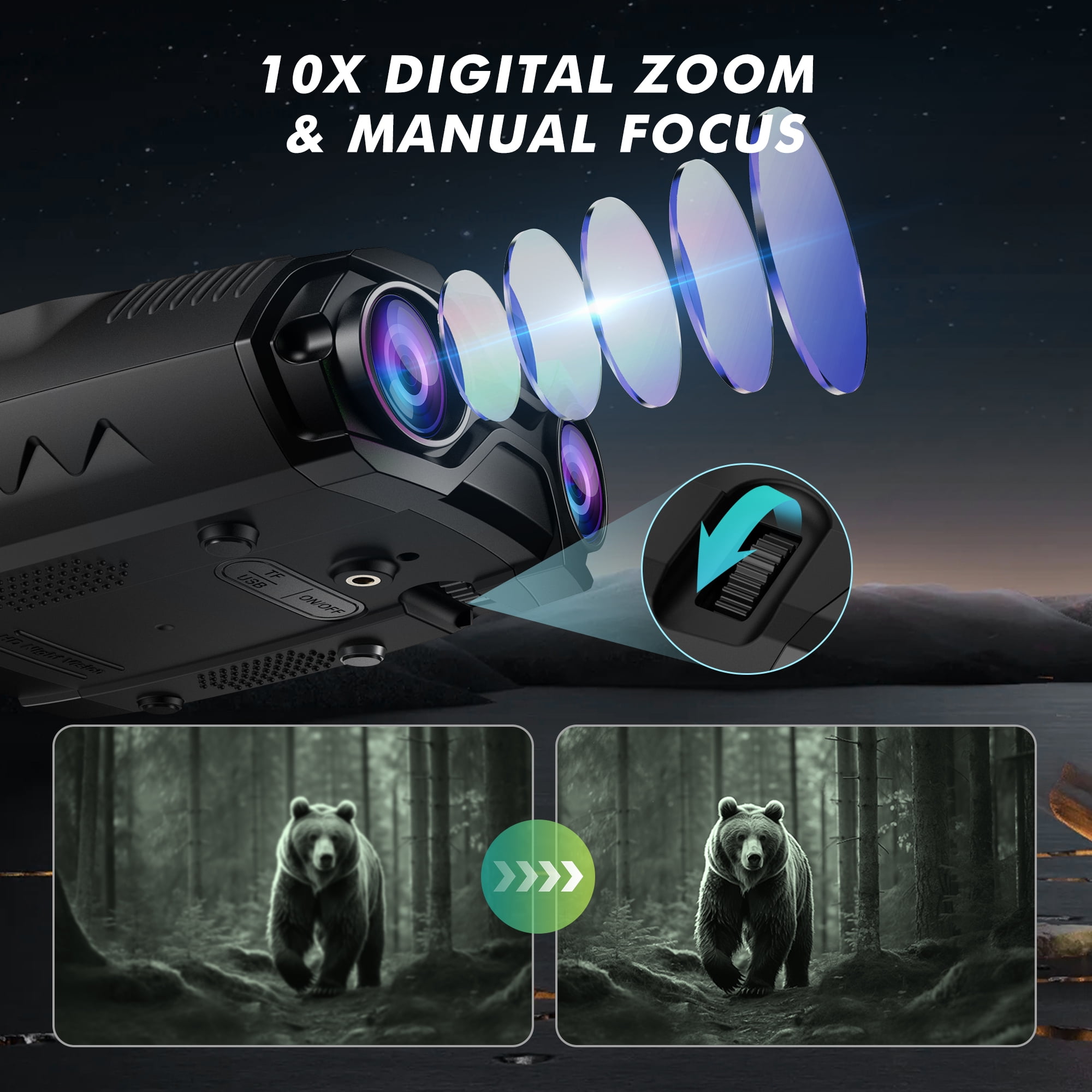 WARMTUYO Night Vision Binoculars, 9 Level Infrared Night Vision Goggles with HD Video and Photo Modes, 10x Zoom, 32GB Card, 3.5" HD Screen Binoculars for Adults - Black