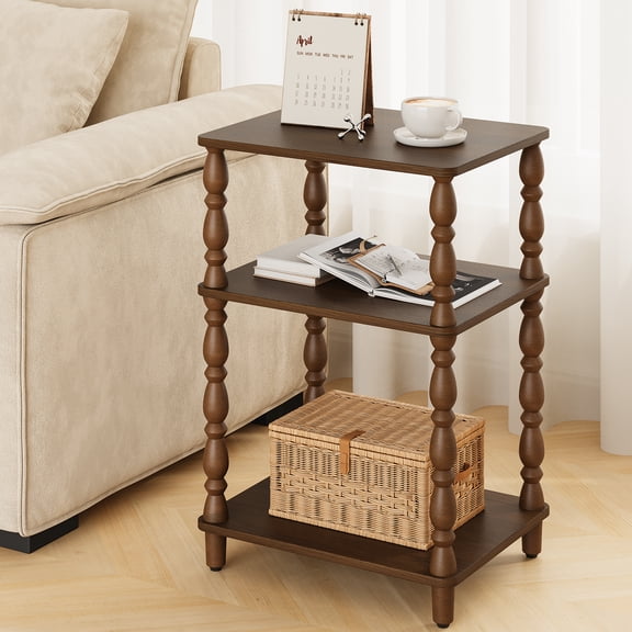 Small Side Table with 3-Tier Shelf, Narrow Wood End Table for Small Spaces, Living Room Bedroom, Walnut
