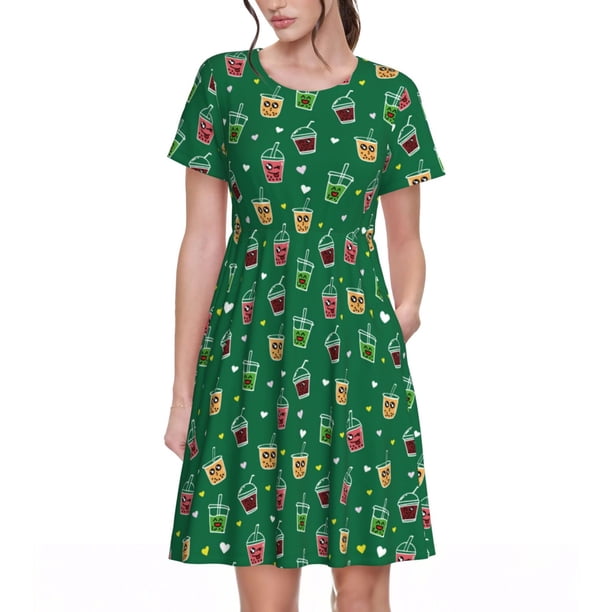 Balery Milk Tea3 Vestidos sueltos de manga corta para mujer, vestidos de verano 2025, vestidos casuales de corte A con vuelo.