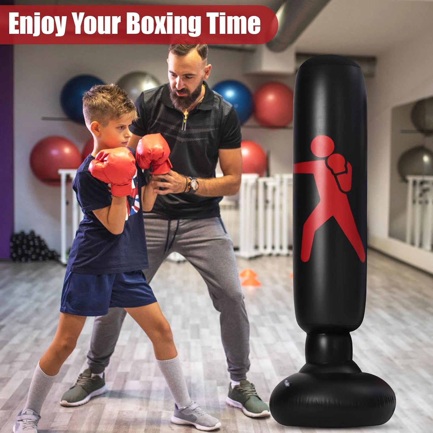 Inflatable Punching Tower Bag, 61" Inflatable Kid Boxing Bag, Children Sports Toy, Free Standing Bounce Back Tumbler, Boxing Column Tumbler Sandbags, for Sparring Boxing Karate Kickboxing