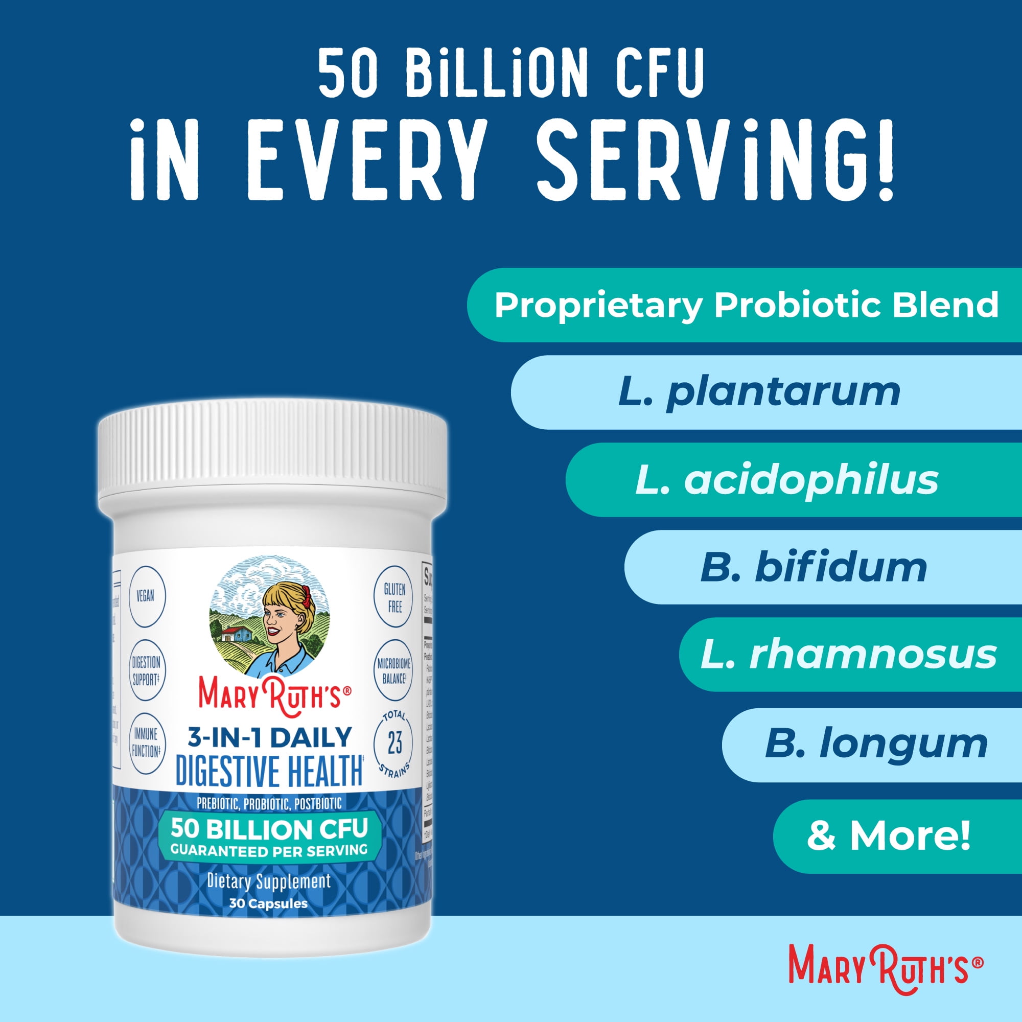 (3 pack) MaryRuth's 3-in-1 Probiotics Digestive and Gut Health 50 Billion CFU Vegan Dairy-Free for Women and Men 30 Servings One Bottle 30 Count