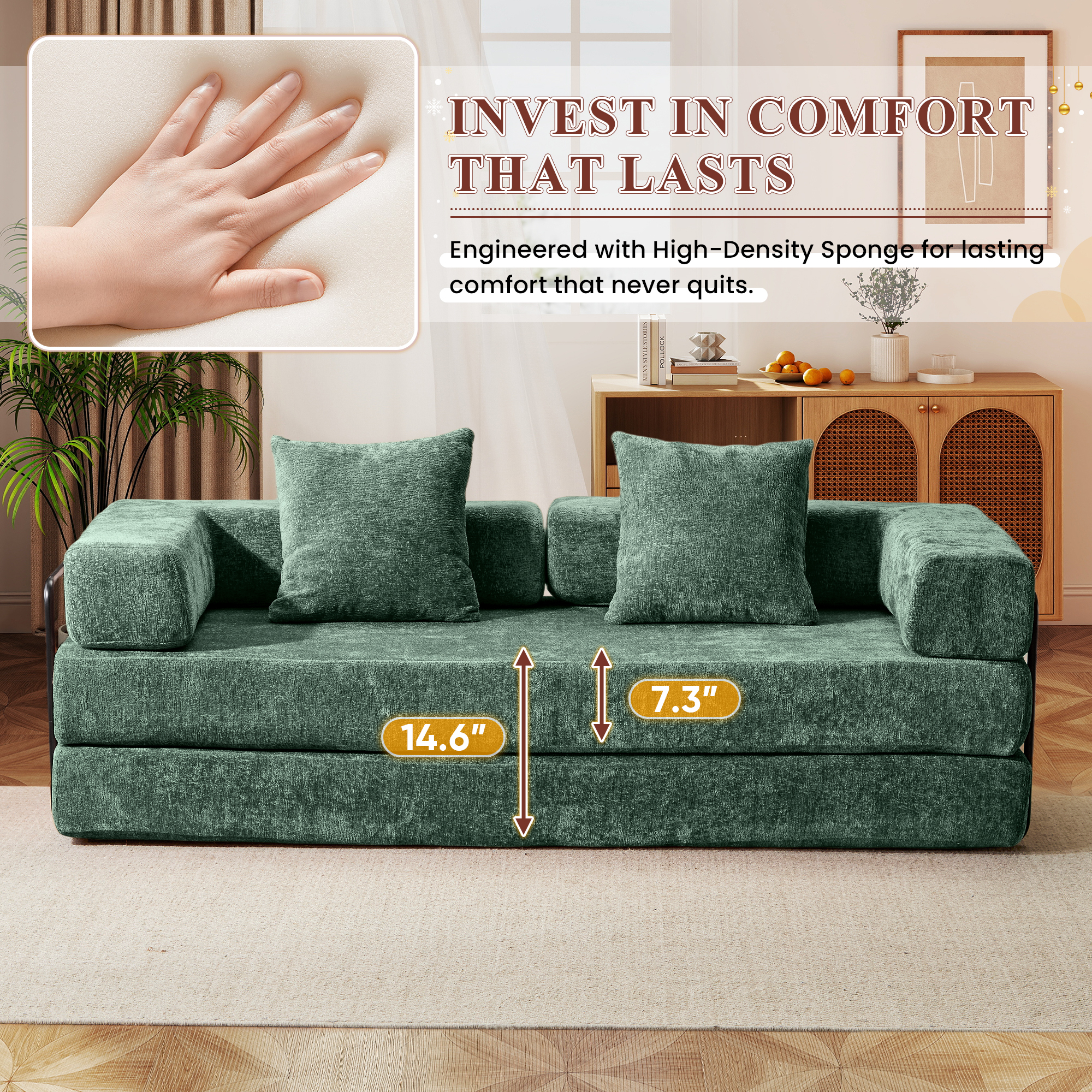 Timbernest 76.8" Folding Sofa Bed, King Size Convertible Sleeper Sofa with 2 Pillows, Chenille Floor Sofa for Living Room, Small Spaces, Dark Green