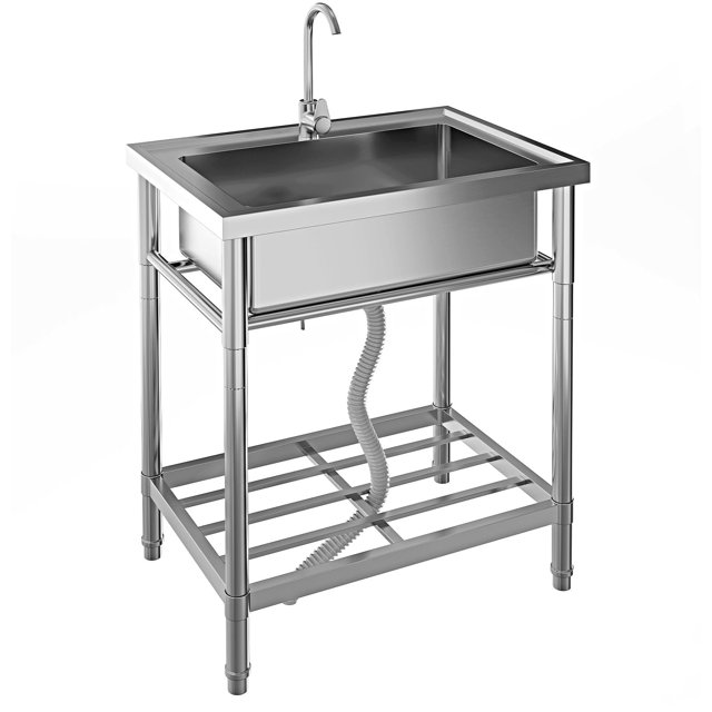 BeesClover Stainless Steel Utility Sink, Freestanding Single Bowl with Hot/Cold Faucet, Adjustable Legs, Storage Shelf, for Kitchen, Garage, Outdoor Use