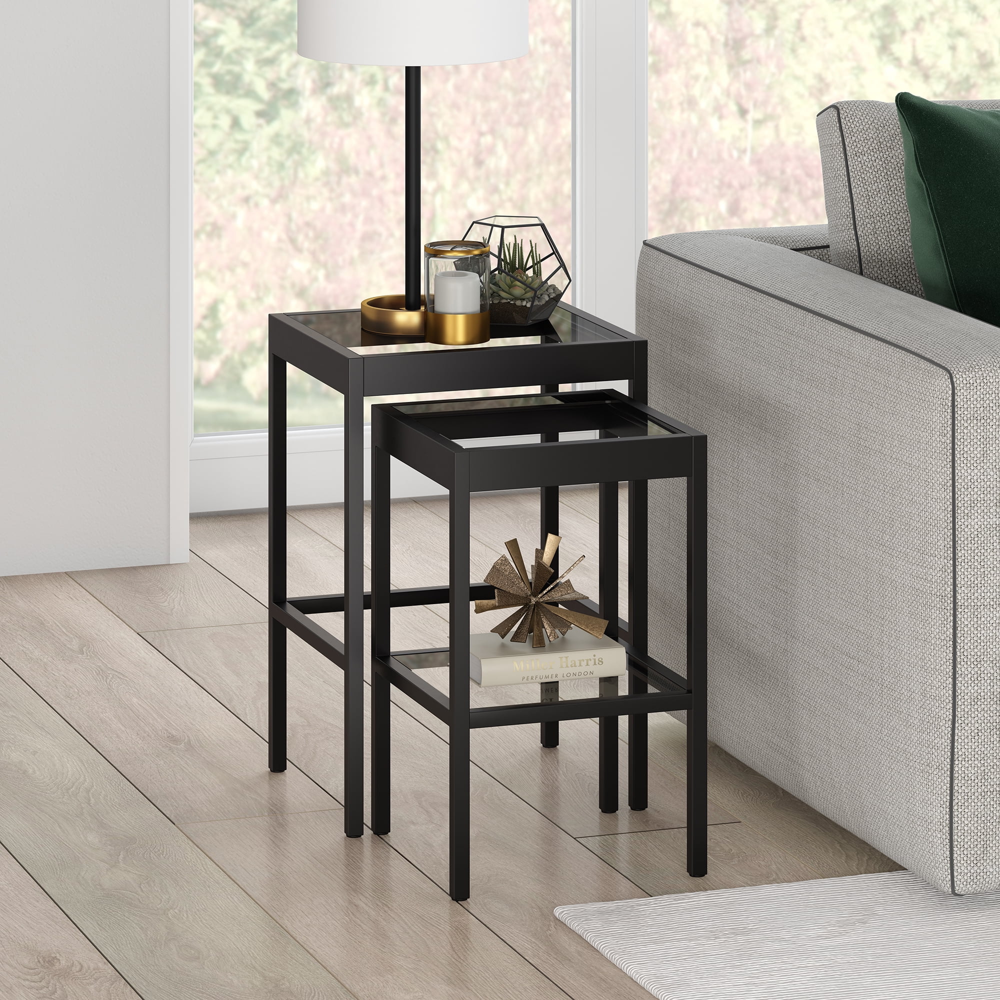 Evelyn&Zoe Modern Nested Side Table Set with Glass Top and Shelf