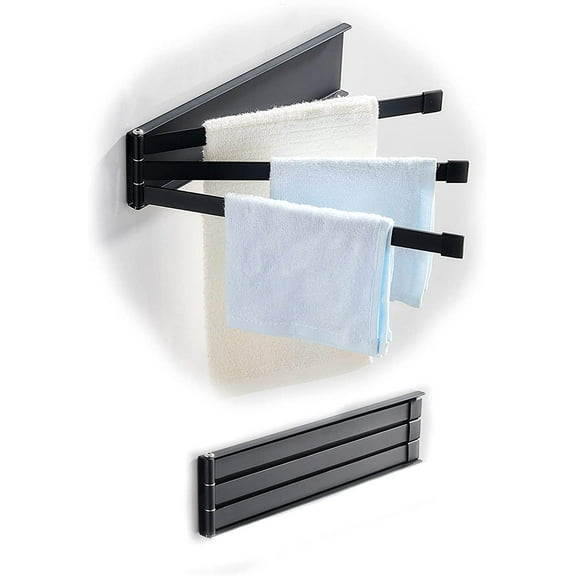 3 Swing Arms Towel Holder Wall Mount Towel Rack Dish Rag Dishcloths Washcloth Storage Organizer Hanger Swivel Hand Towel Bar(Black)