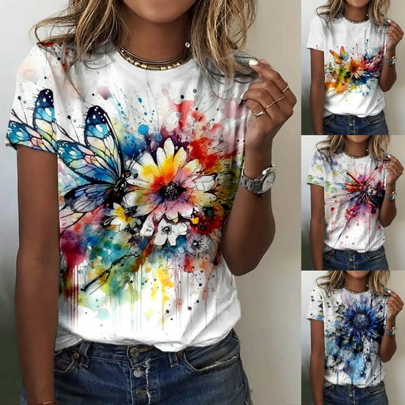 Womens Tops Crew Neck Loose Fit Shirts Summer Casual Fashion Round Neck Short Sleeve Flower Butterfly Print TShirt Top Womens Summer Casual Dressy Tops, M-3XL