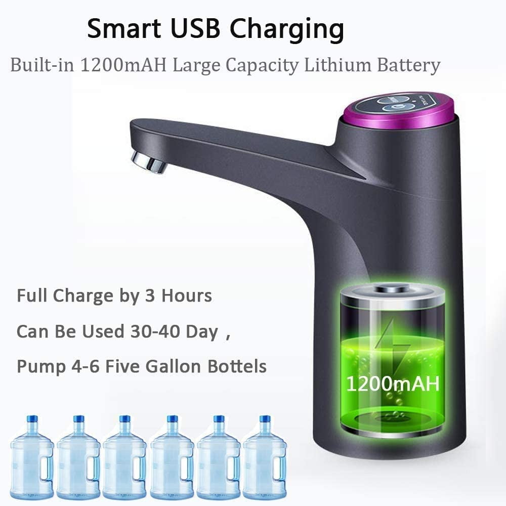 Hinzonek Desktop Water Bottle Dispenser Portable Electric Water Pump for Universal 3, 4 and 5 Gallon with USB Charging and Automatic off Switch, Black