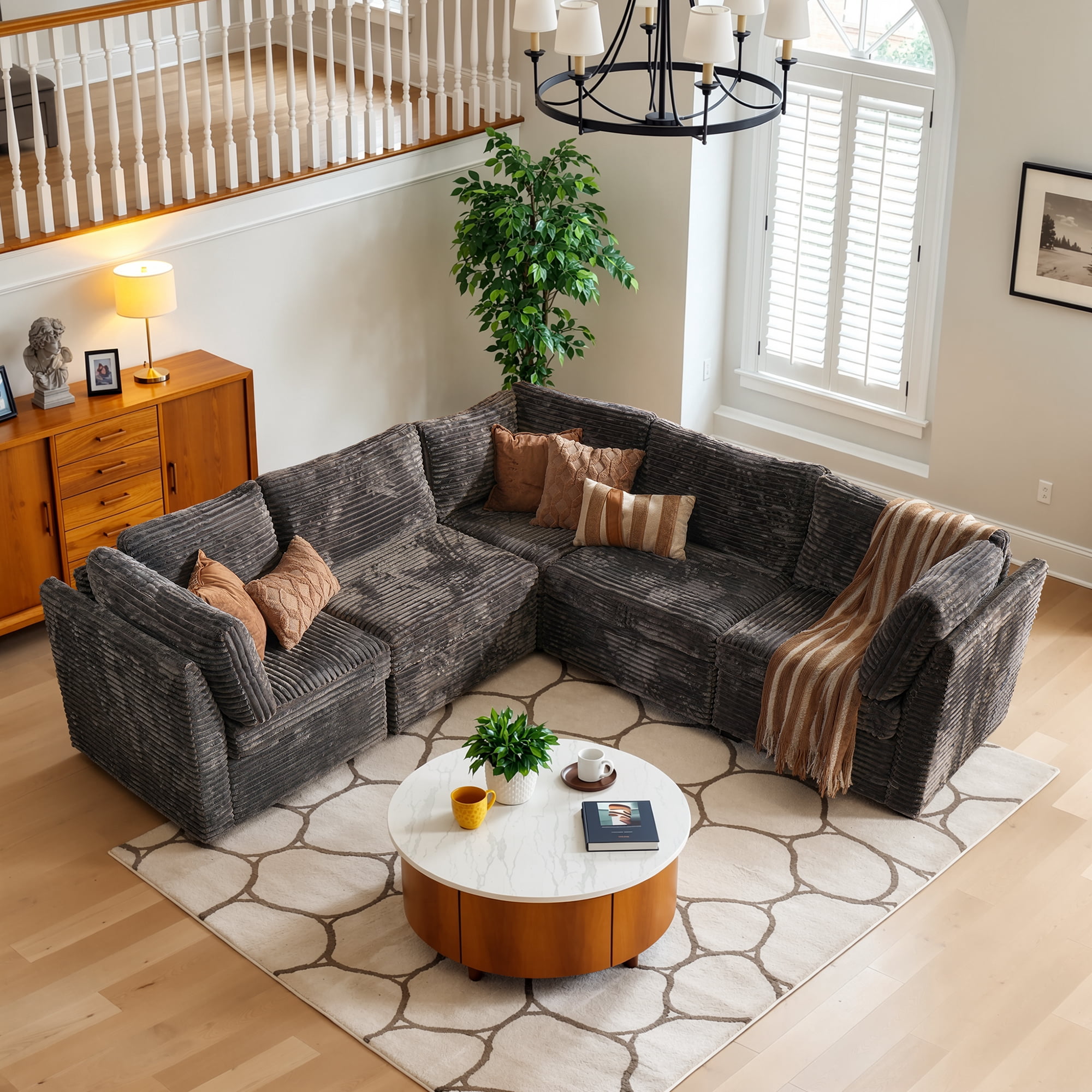 Ovios 95" Modular Sectional Sofa Deep Seat Cloud Couch with Chaise L-Shaped Corduroy Couch for Living Room, 5 Seat, Gray