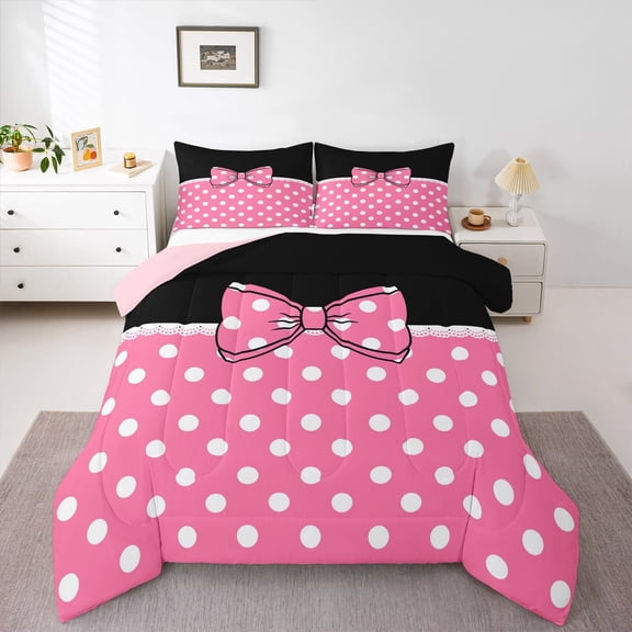 Erosebridal Kawaii Bow Comforter Sets Twin Size for Teens, Polka Dot Comforters & Duvets, Cartoon Bow Decor, Breathable 2pcs