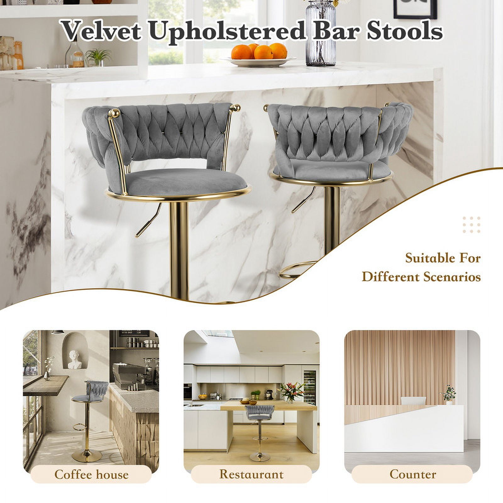 Hawsaiy Modern Velvet Bar Stool Set of 2 with Woven Back and Footrest for Kitchen, Bar, and Dining Spaces,Dark Gray