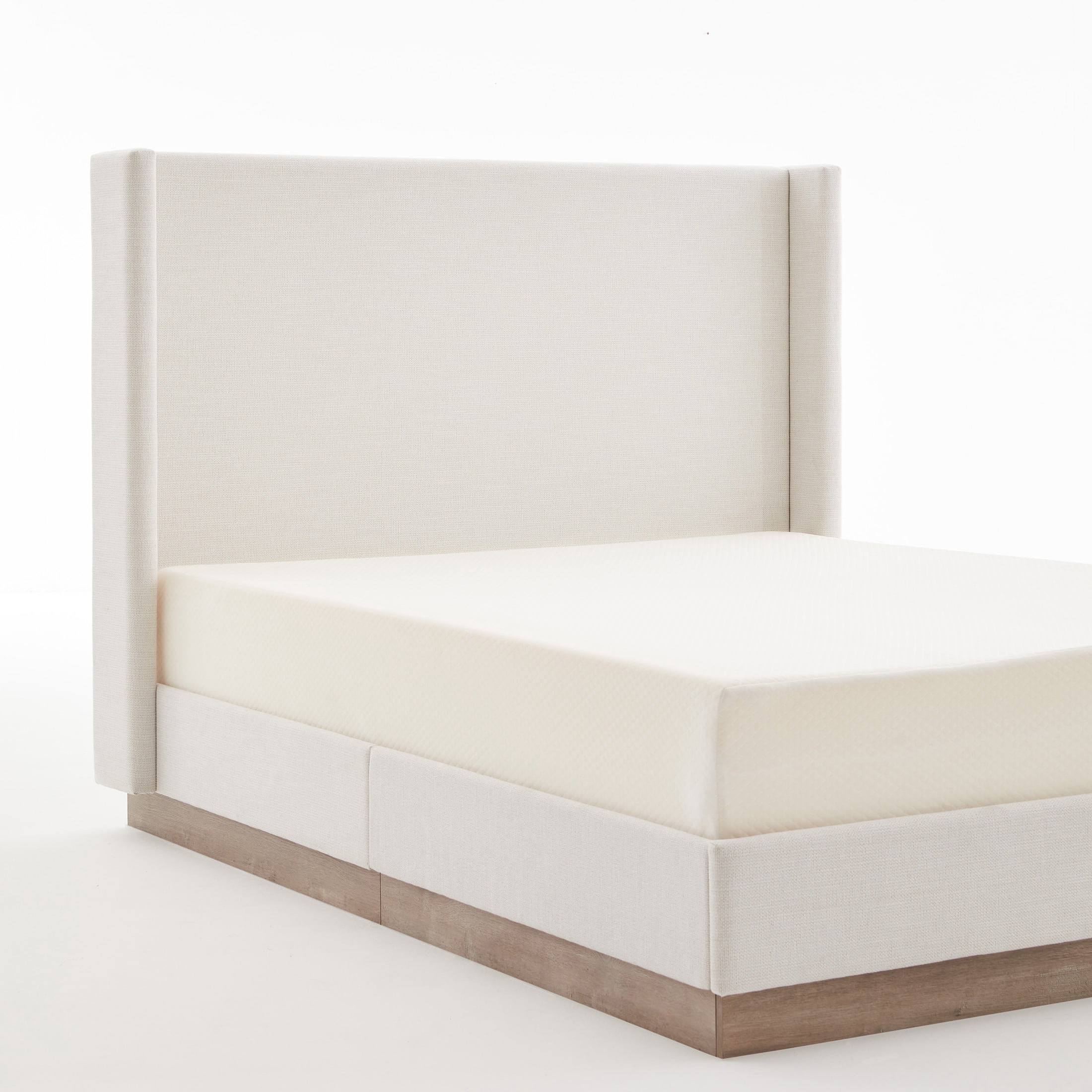 Noble House Hosford Full Canvas Upholstered Wingback Bed, Wood Base Platform Bed with Wingback Headboard, Ivory