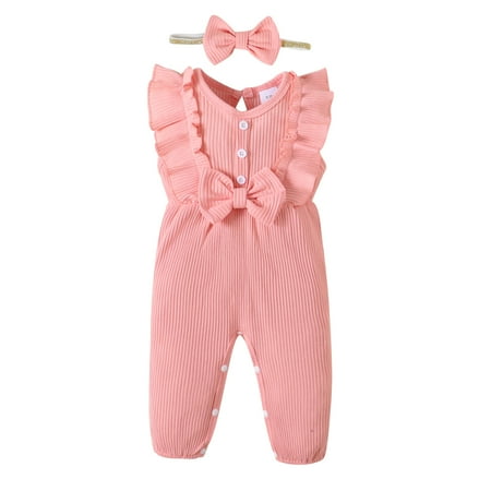 

KIMI BEAR Romper Outfits For Newborn Baby Girls 3 Months Girls Spring Summer Clothes Pit Stripe Sleeveless Round Neck Jumpsuits Bow Headband 2PCs Set 3-6 Months Pink