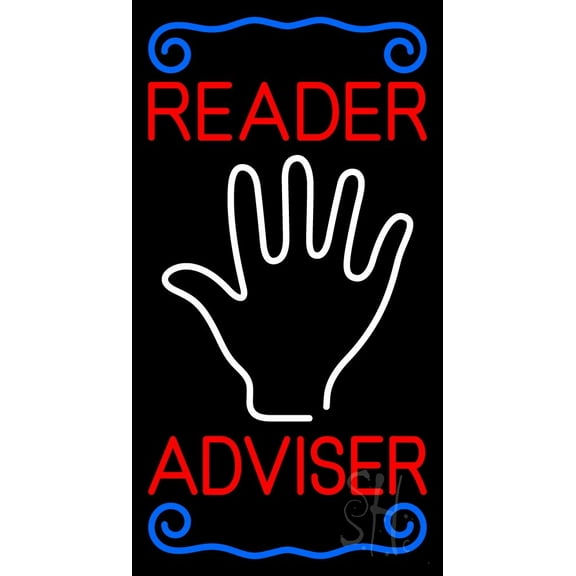 Red Reader Adviser With Palm LED Neon Sign 37" Tall x 20" Wide - inches Black Square Cut Acrylic Backing, with Dimmer - Bright and Premium built indoor LED Neon Sign for Storefront.