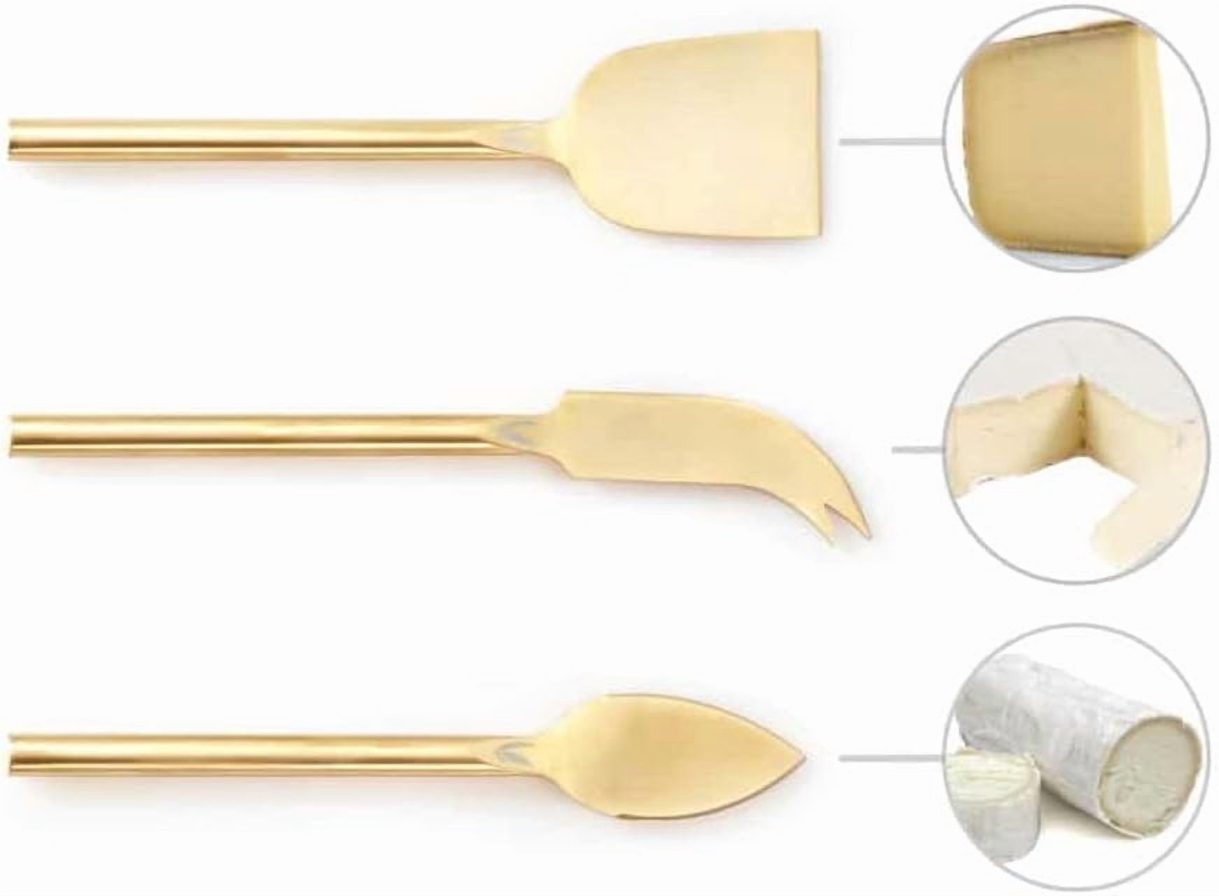 Long Handle Gold Cheese Knife Set of 3 Beautiful Appetizers n Charcuterie Utensils Pronged n Flat & Parmesan Knives