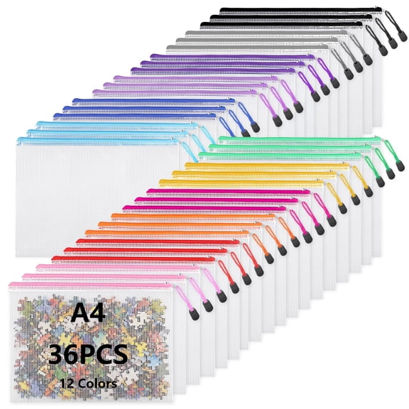 36pcs A4 Mesh Zipper Pouches in 12 Colors, Plastic Letter Size File Folders Document Organizer Bags Bulk for Office Storage