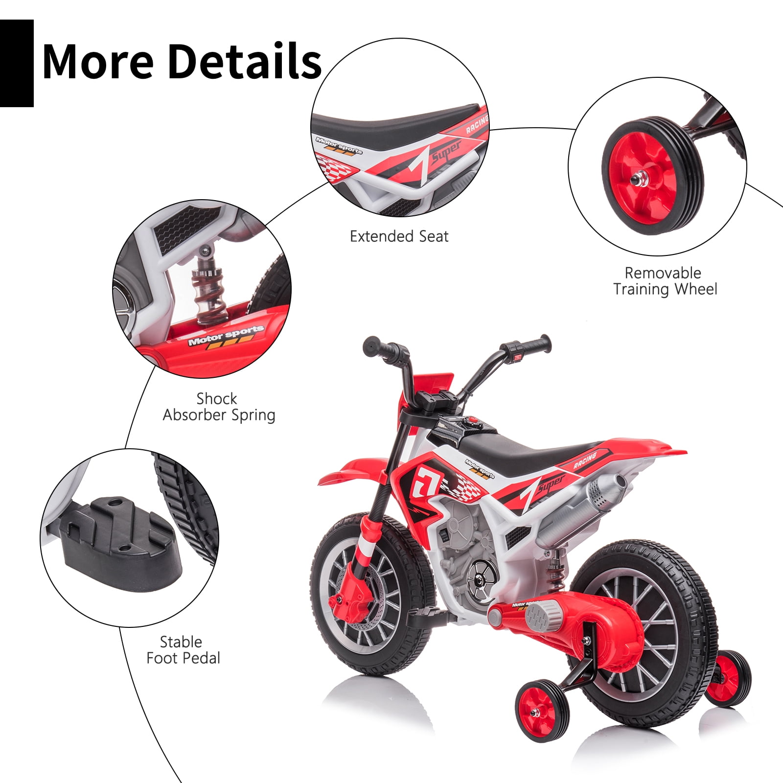 LUIBAS 12V Kids Ride On Electric Motorcycle, Battery Powered Electric Dirt Bike, Off-Road Street Bike Ride on Car with Training Wheels, Spring Suspension, High/Low Speeds, Built-in Music, Red