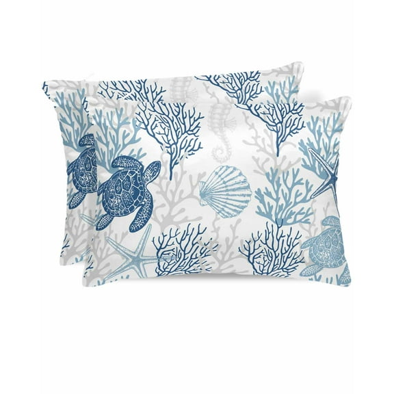 Hokiten Pillow Cases Standard Size Set of 2, Lumbar Pillow Covers, Navy Blue Grey Coastal Satin Pillowcases with Zipper for Hair/Skin, Sea Turtle Nautical Coral Summer Beach 20x26 Inches