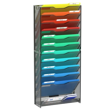 Samstar 12 Tier Wall File Organizer, Hanging Wall Mount File Holder Paper Folder Mail Organizer, Mesh Metal, Black.