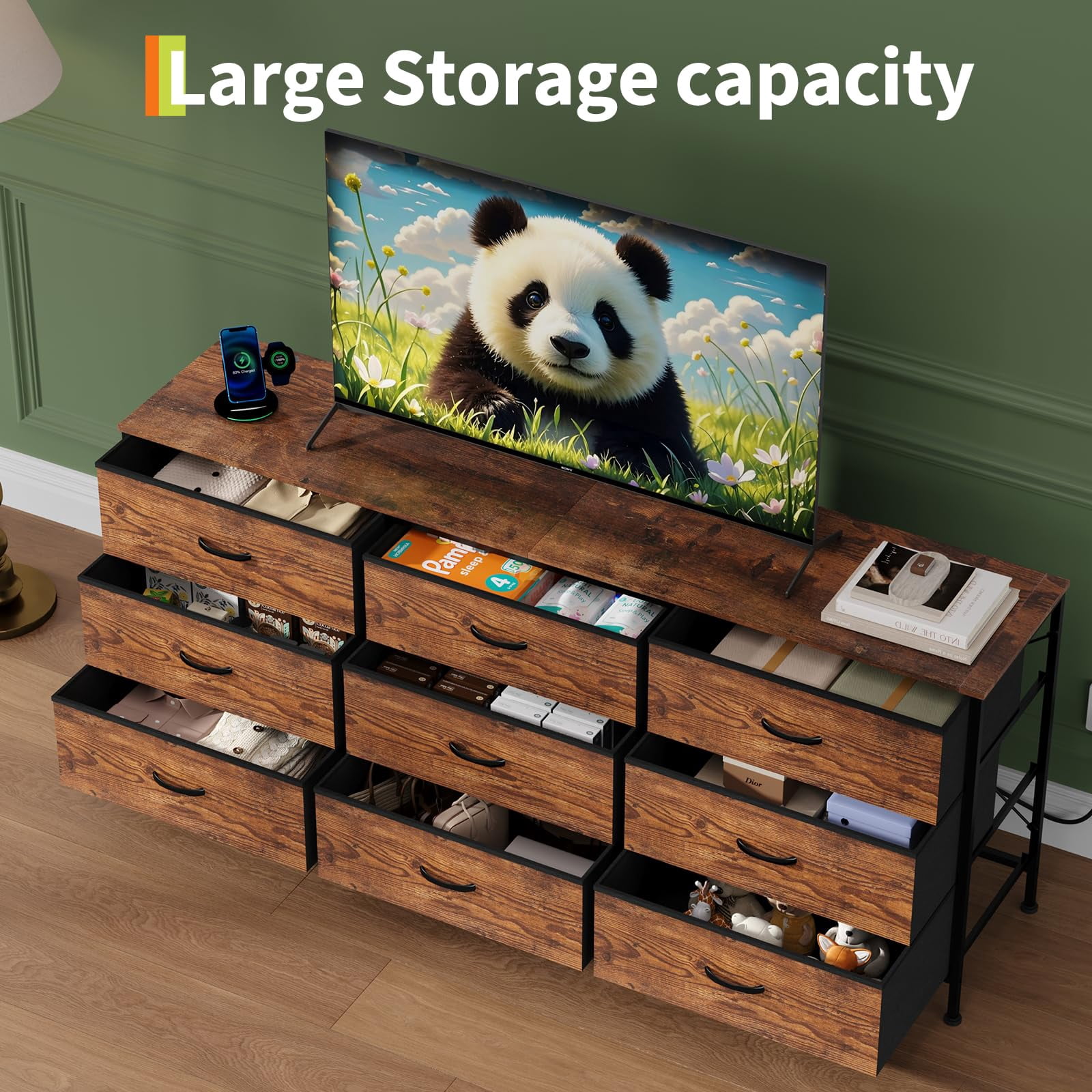 Kicctian 9-Drawer Dresser 63" Long TV Stand with Wooden Top & Fabric Storage Dresser for Bedroom,Living Room,Brown