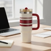 Ozark Trail 30 oz Stainless Steel Insulated Varsity Tumbler with Handle, White and Red and Black Stripes