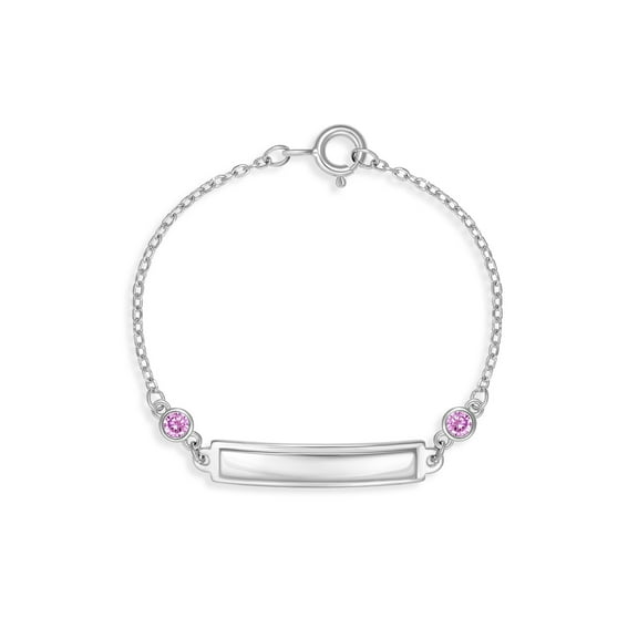 925 Sterling Silver 4.5" Baby Girl Tag ID Bracelet Pink Cubic Zirconias & Name