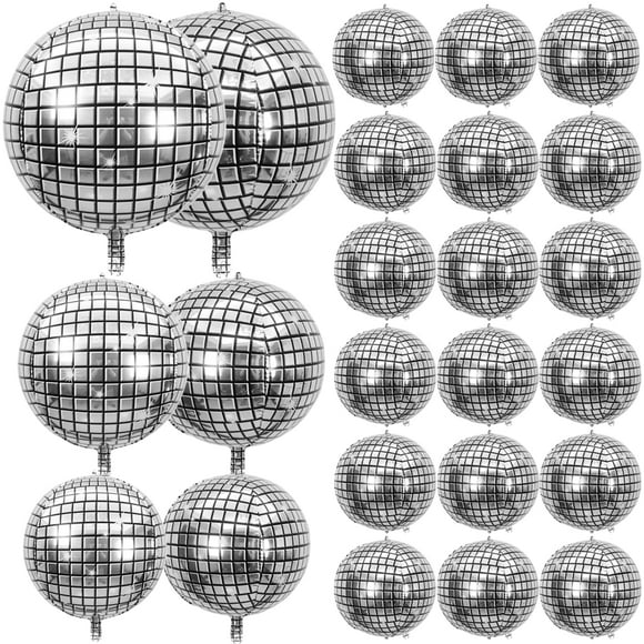 24 globos de bola de discoteca de diferentes tamaños: globos de discoteca grandes 4D de 10 pulgadas, 15 pulgadas, 18 pulgadas, 22 pulgadas, globos redondos metálicos plateados surtidos para decoración