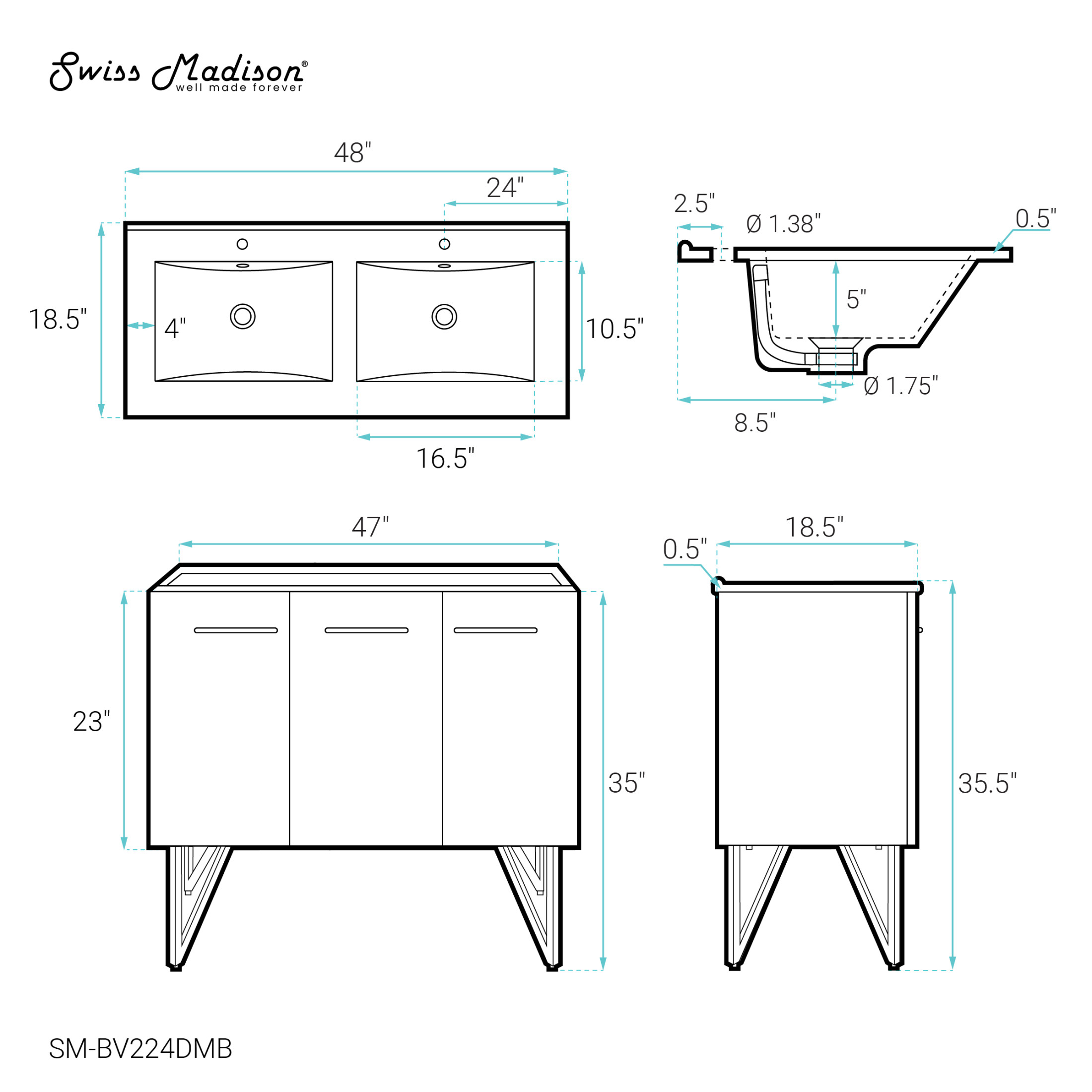 Annecy 48 in. Black Walnut, Double Basin Bathroom Vanity With Black Ceramic Sink Top