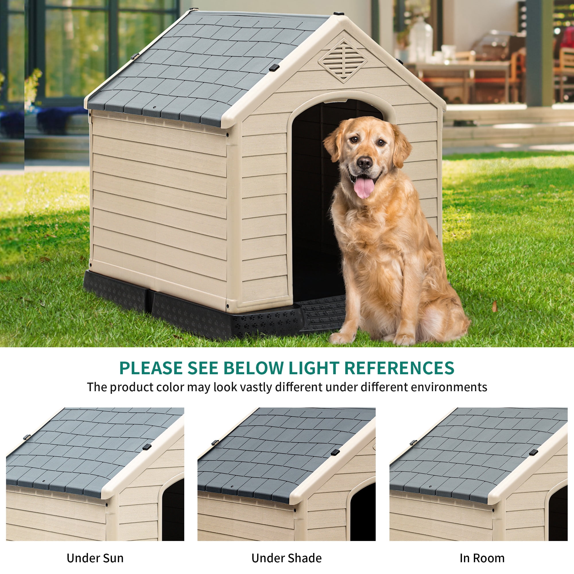 Dextrus Large Plastic Dog House Outdoor Indoor Doghouse Puppy Shelter Water Resistant Easy Assembly Sturdy Dog Kennel with Air Vents and Elevated Floor (41''L*38''W*39''H, Gray+Brown)