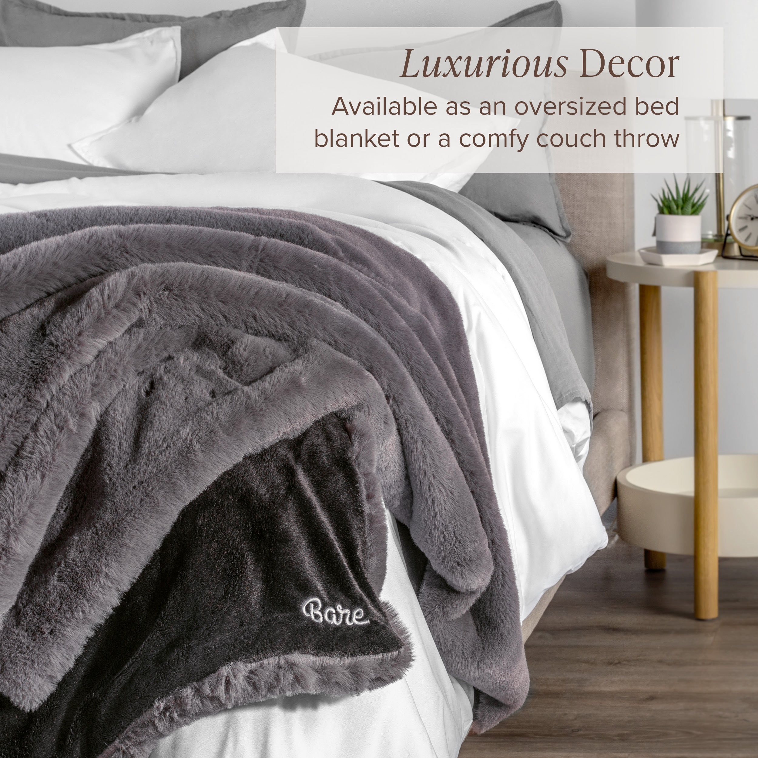 Bare Home Faux Fur Blanket - 47" x 60" - Ultra Soft Fleece - Throw, Dark Gray