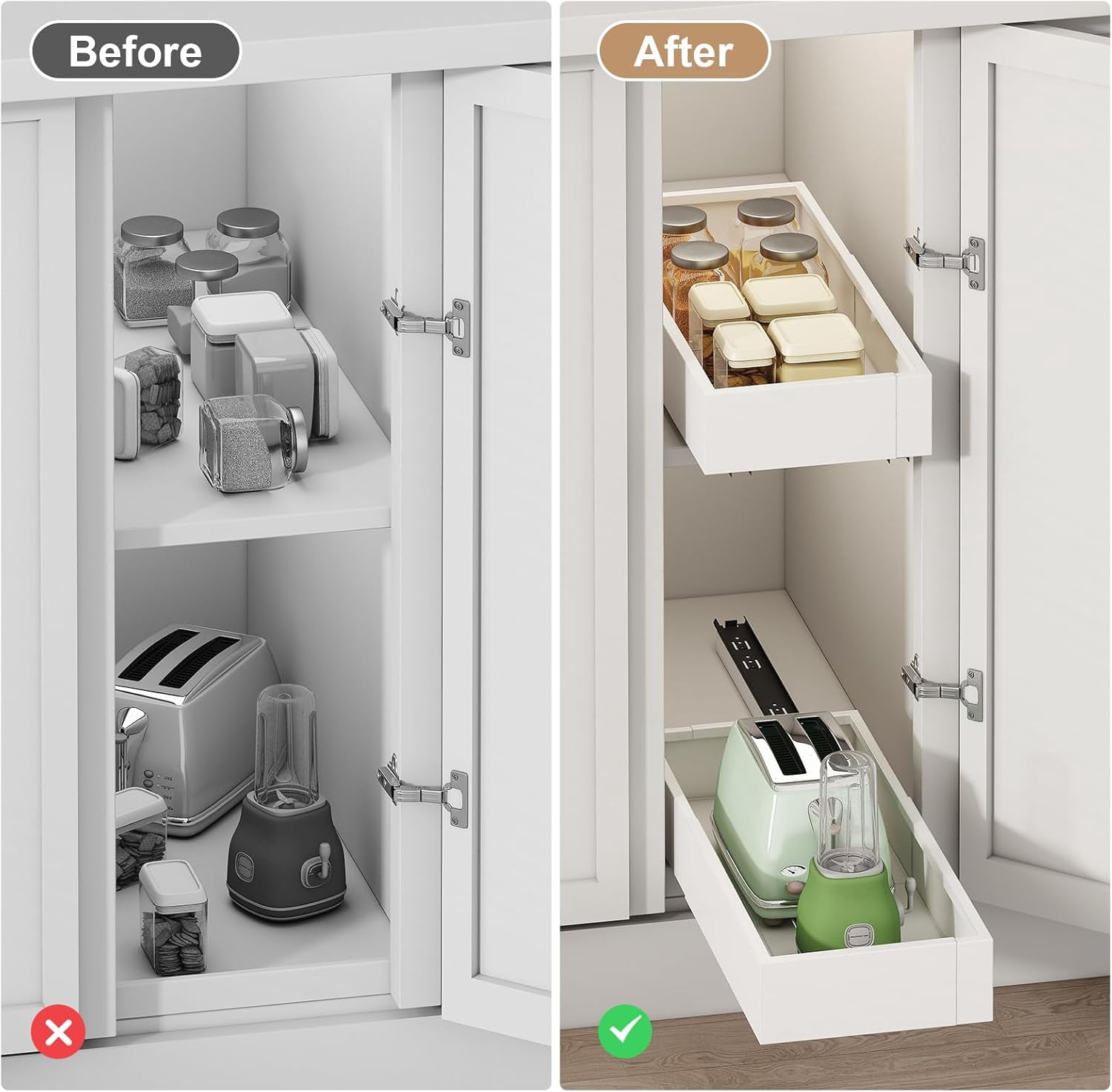 Pull out Cabinet Organizer,Expandable Width(7"-11"),Depth(17"-24"),Roll out Drawers,No Drill Adjustable Slide out Shelves for Kitchen,Pantry,for Both Lip and Lip-Free Cabinets,White(1PC)