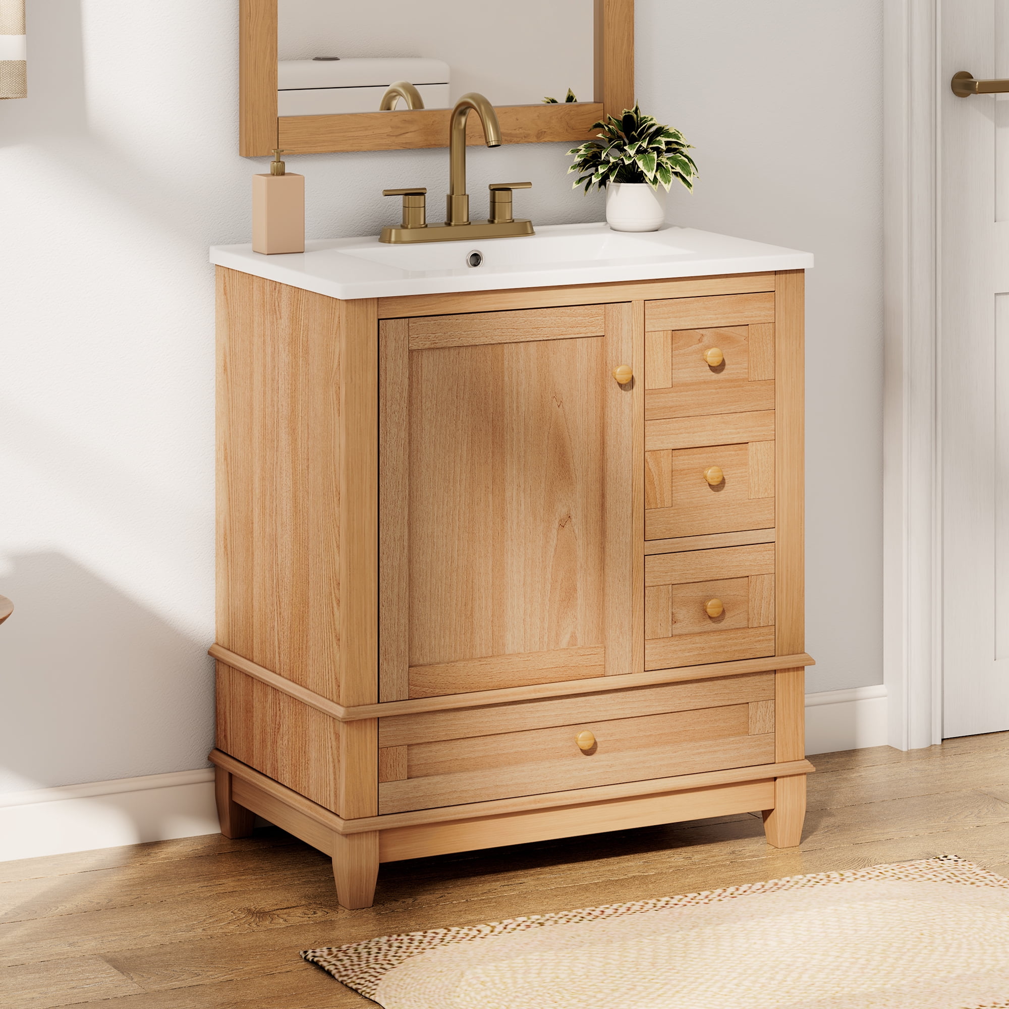 DRNANLIT 30" Bathroom Vanity with Ceramic Sink, Freestanding Natural Wood Grain Cabinet, Solid Rubberwood Legs