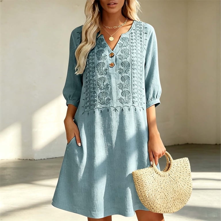 vintage cotton summer dresses Vintage Summer Cotton Linen Dress for Women Casual Short Sleeve Ruched T  Shirts Dress Loose Fit A-Line Beach Sundress at Amazon Women's Clothing  store