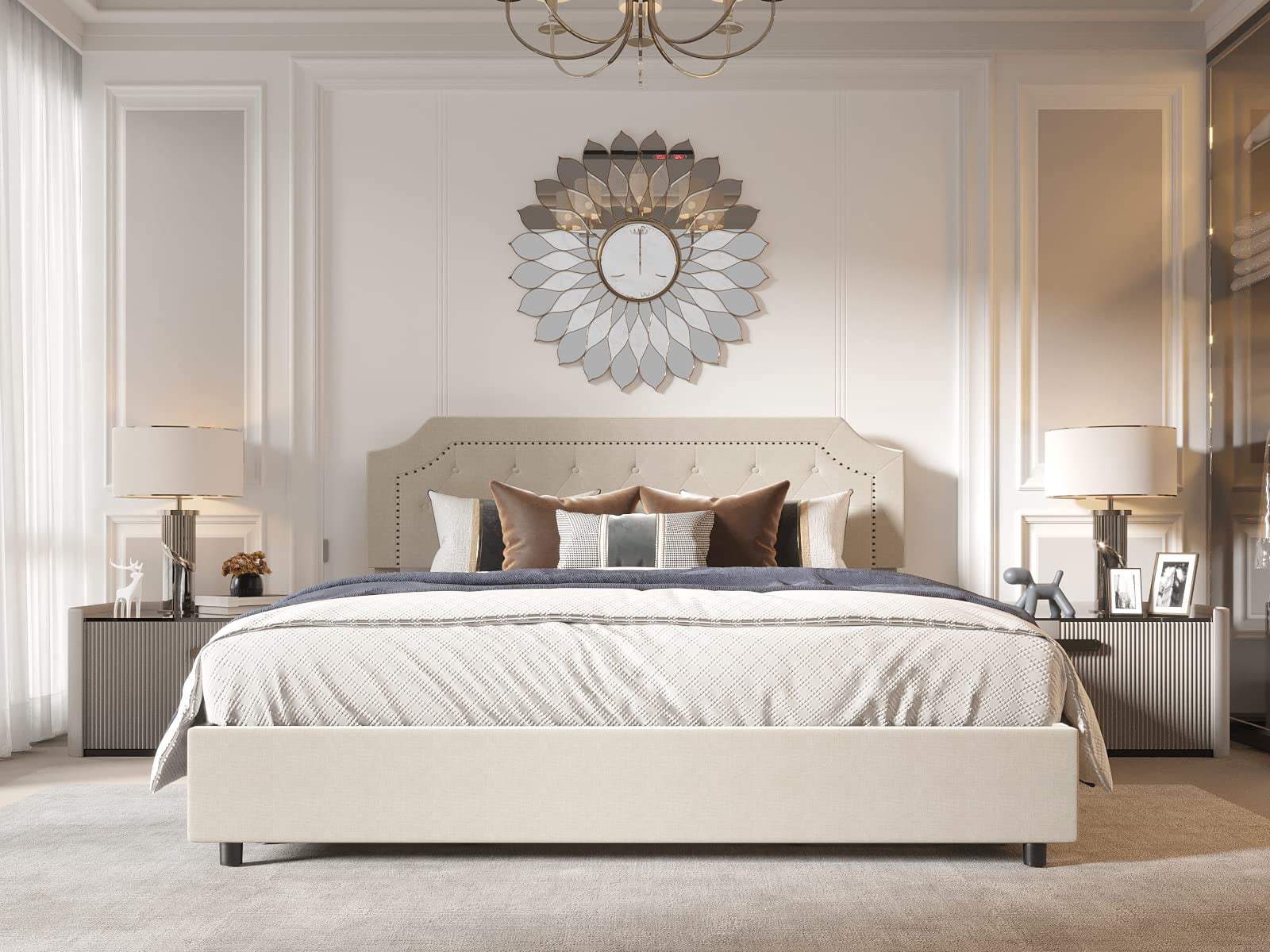BONSOIR QUEEN Size Bed Frame Upholstered Low Profile Traditional Platform with Tufted and Nail Headboard/No Box Spring Needed/No Bed Skirt Needed/Linen Fabric Upholstery/Color of Sand