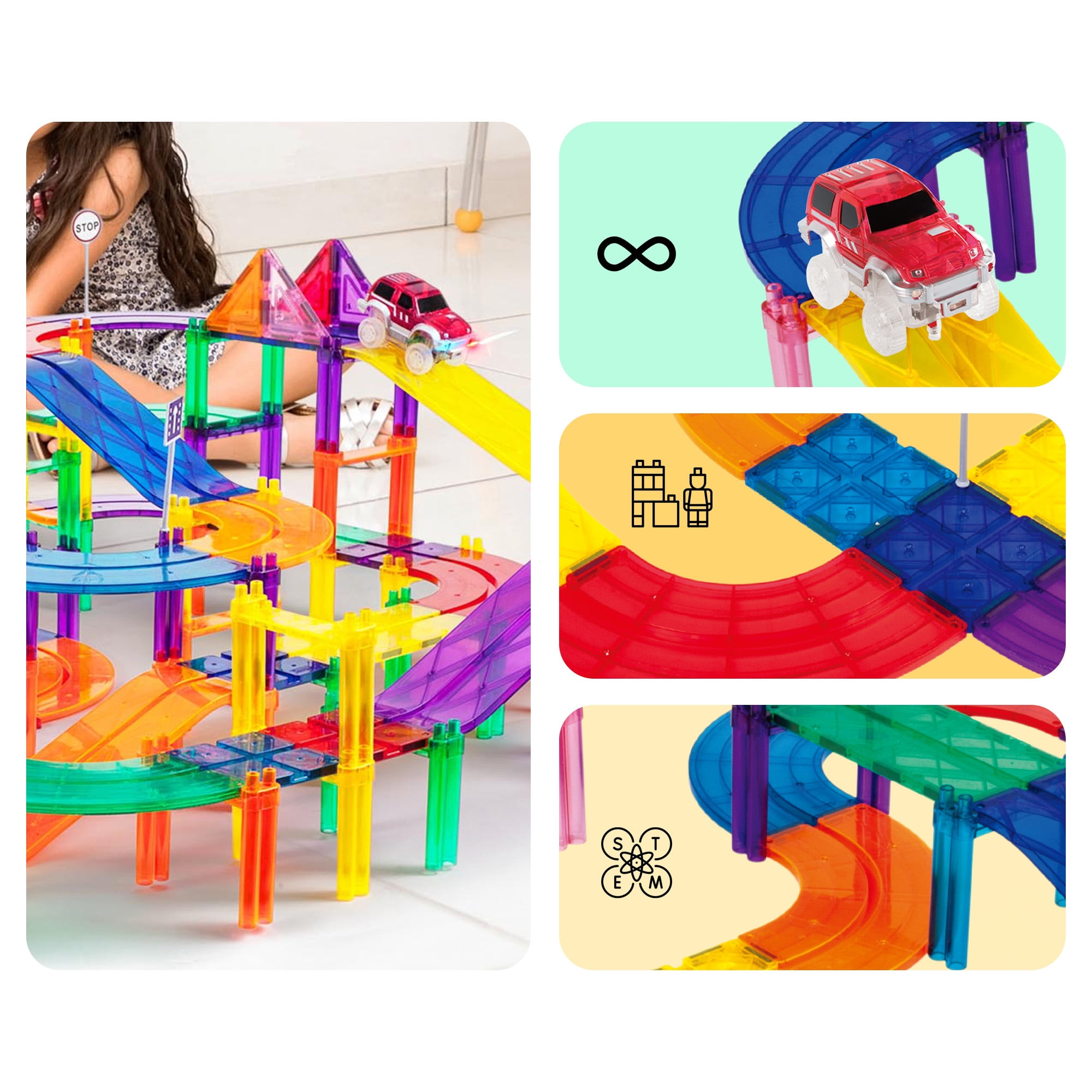 PicassoTiles Race Track Magnetic Tiles for Kids with 2 Racing Cars – 80PCS STEM Construction Building Blocks Educational Toy Set