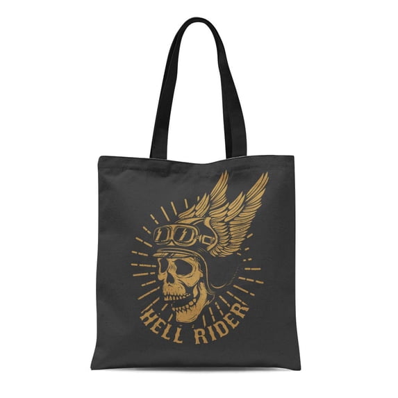 SIDONKU Canvas Bag Resuable Tote Grocery Shopping Bags Motorcycle Racer Skull in Winged Helmet Dark for Emblem Vintage Tote Bag