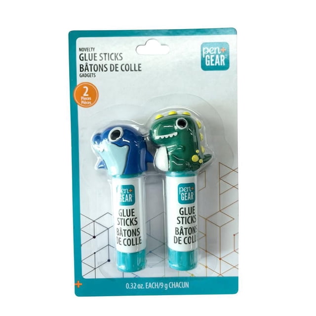 PEN+GEAR Novelty Glue Stick 9g, 2-Pack in Blister card, Solid Glues with 2 Kinds Kawaii silicone Cartoon Animal Cap ( shapes of dinosaur and shark) suitable for boy
