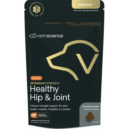 VetriScience Veterinary Strength Healthy Hip and Joint Soft Chews for Dogs Over 60 Pounds, Chicken Flavor, 60 Count