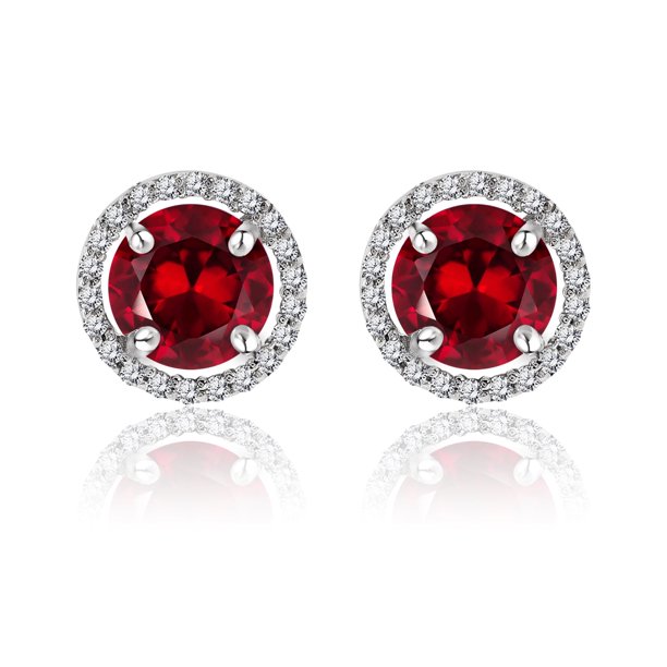 JeenMata Pendientes de Botón con Halo de Piedra Natal de Enero y Granate Rojo de Talla Redonda de 1,25 Quilates en Oro Blanco de 18 K sobre Plata