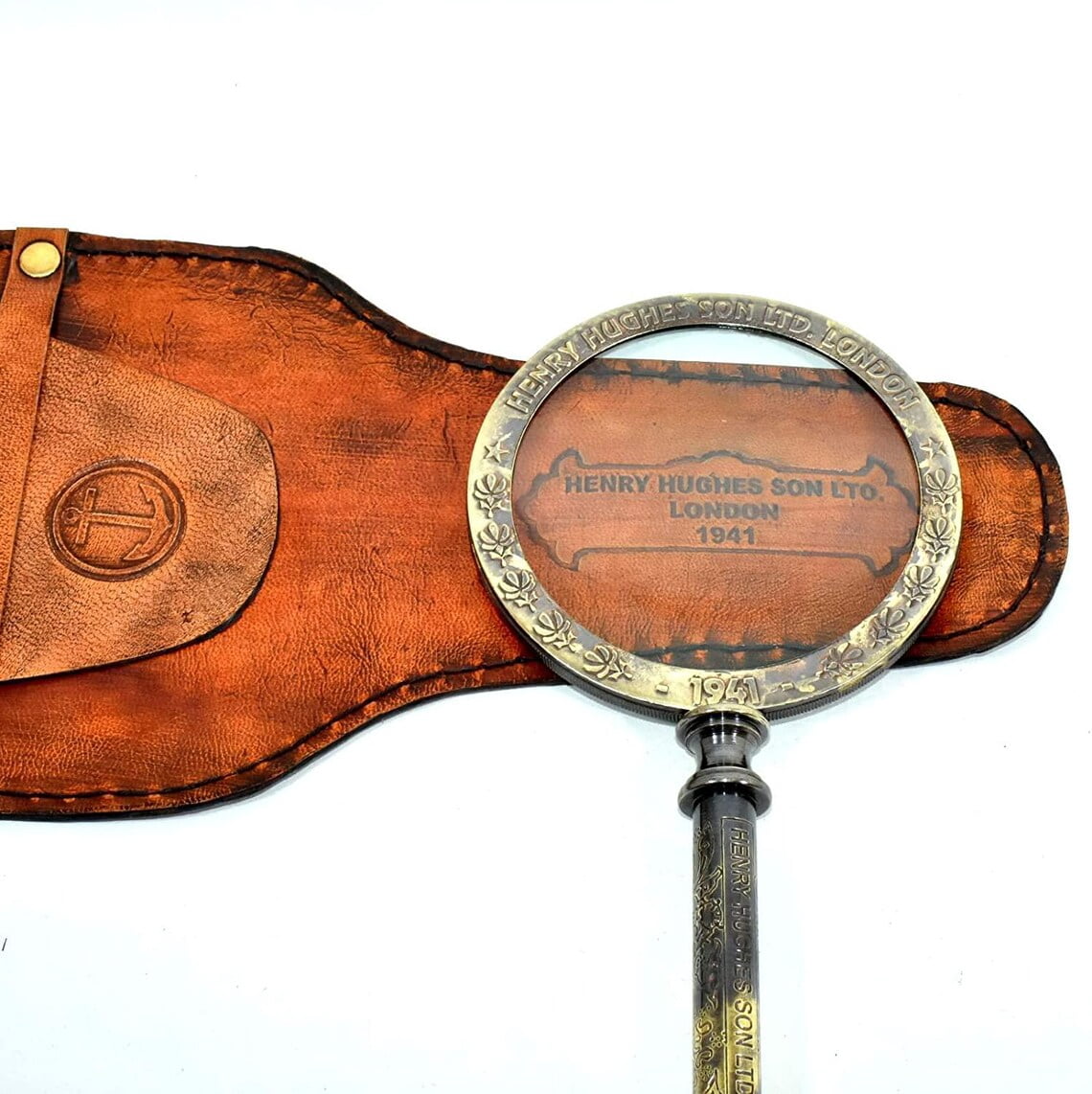 Maritime Treasures Magnifying Collectible Solid Brass 4" Diameter Brass Magnifying Glass Antique Desktop Magnifier With Leather Case. Brass Gift.