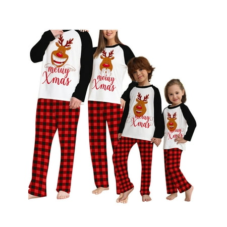 

Family Christmas Pajamas Matching Set Cartoon Deer Print Long-Sleeve Tops with Plaid Pants Sleepwear for Adult Kid Baby